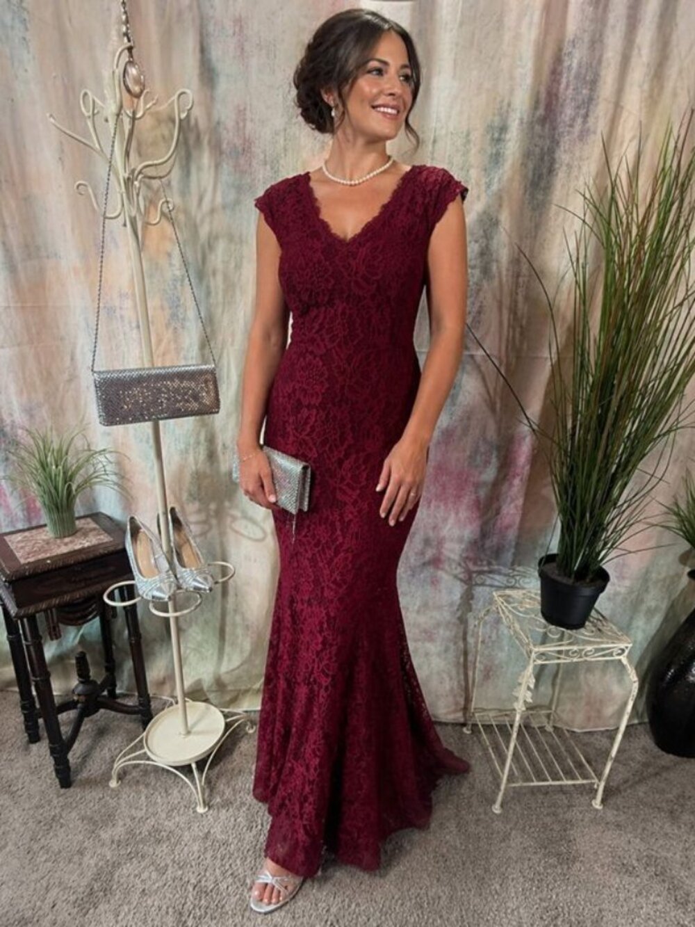 📌Betsy & Adam Burgundy Lace Mermaid Silhouette Prom - Formal - Evening Dress